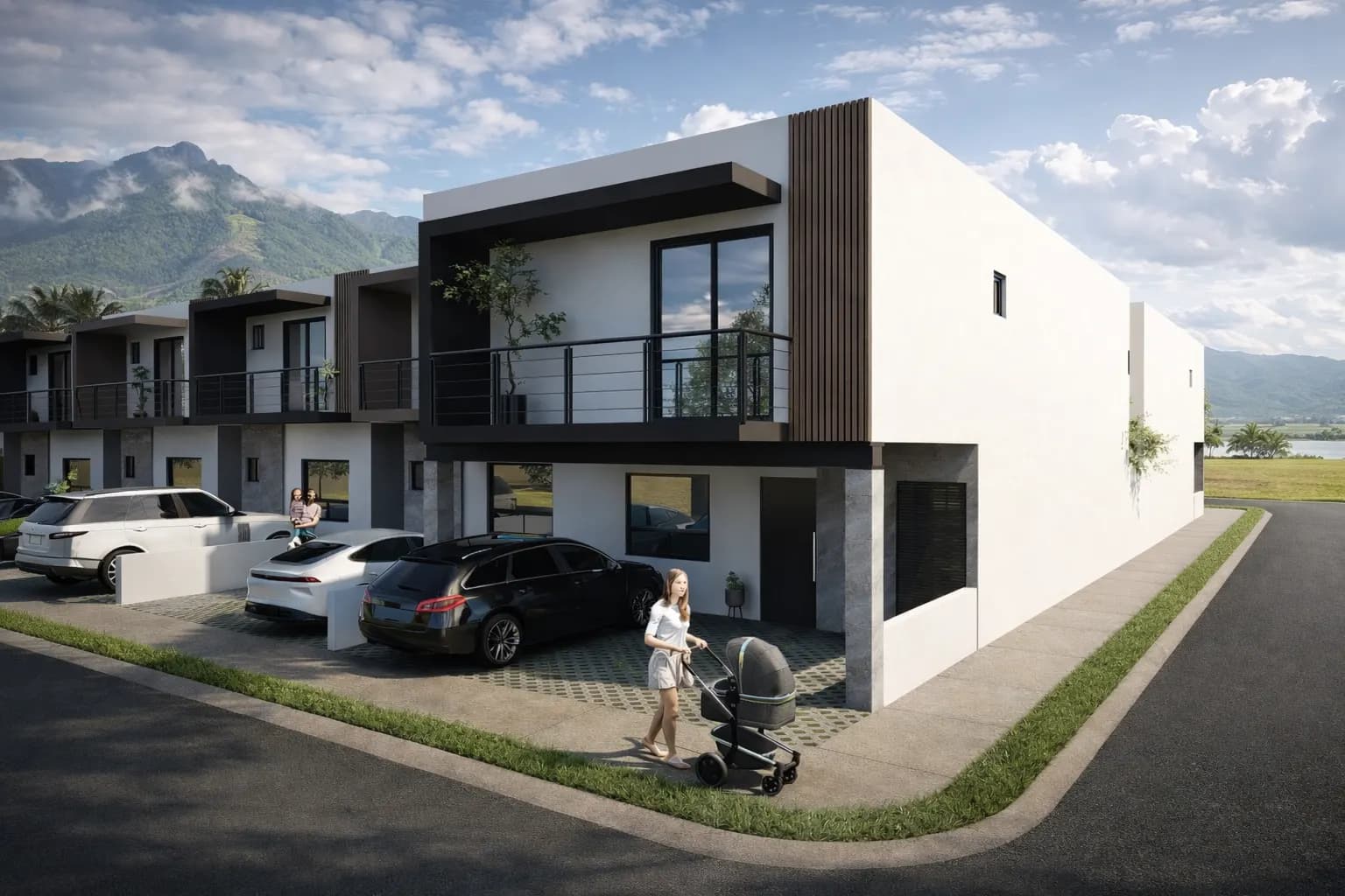 Render de las casas de Villas de la Aurora desde la calle, con la sierra al fondo